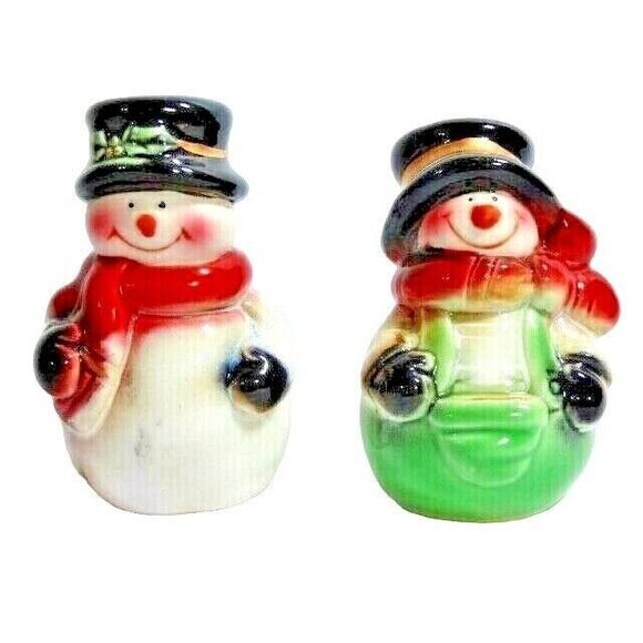Retro Snowman with Hat Salt and Pepper Shakers Holiday Stoneware Kitchen Gift - Picture 1 of 5